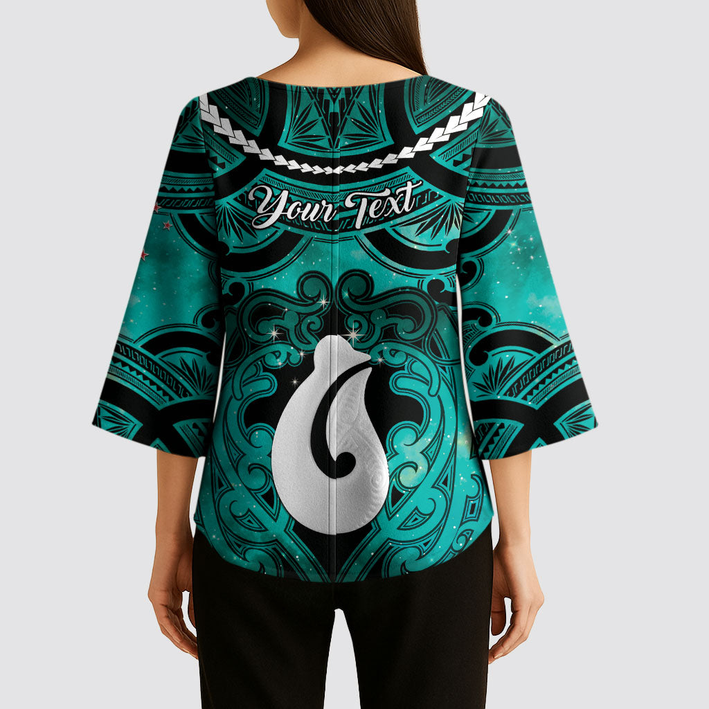 Personalised Maori Matariki Hei Matau Turquoise Kimono Sleeve Blouse Maori Kowhaiwhai Pattern Galaxy LT01 - Polynesian Pride