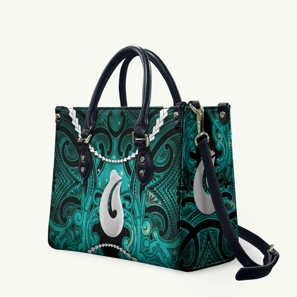 Maori Matariki Hei Matau Turquoise Leather Bag Maori Kowhaiwhai Pattern Galaxy