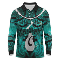 Personalised Maori Matariki Hei Matau Turquoise Long Sleeve Polo Shirt Maori Kowhaiwhai Pattern Galaxy
