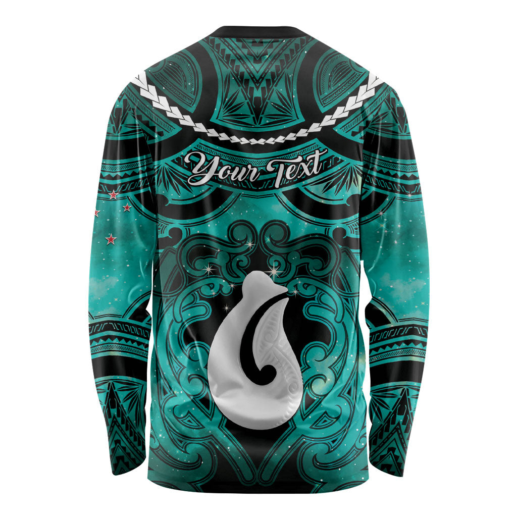 Personalised Maori Matariki Hei Matau Turquoise Long Sleeve Shirt Maori Kowhaiwhai Pattern Galaxy