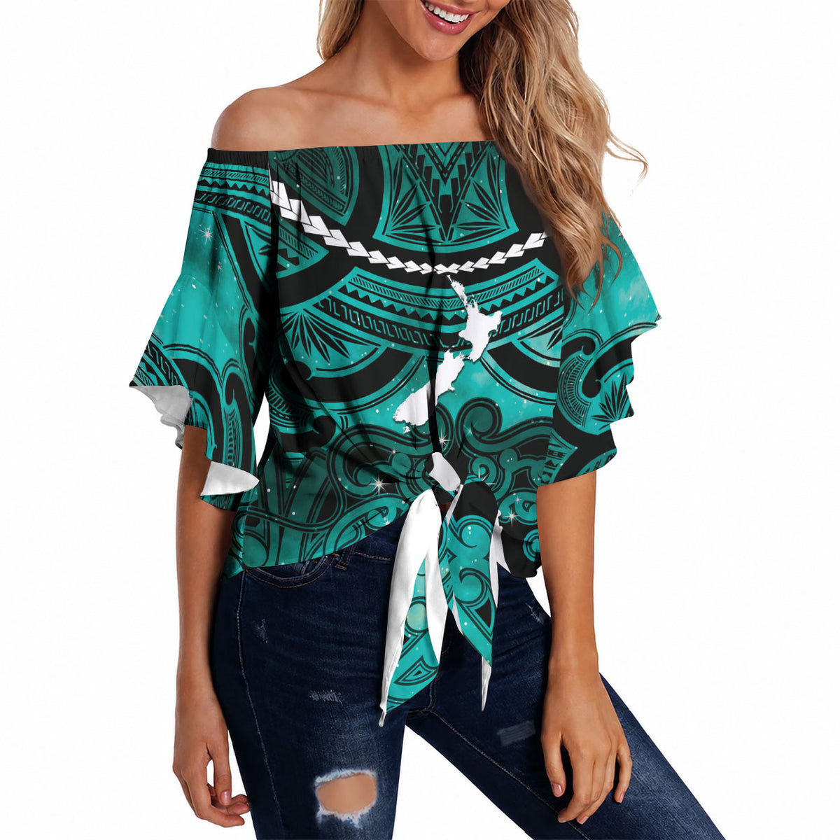 Personalised Maori Matariki Hei Matau Turquoise Off Shoulder Wrap Waist Top Maori Kowhaiwhai Pattern Galaxy LT01 - Polynesian Pride