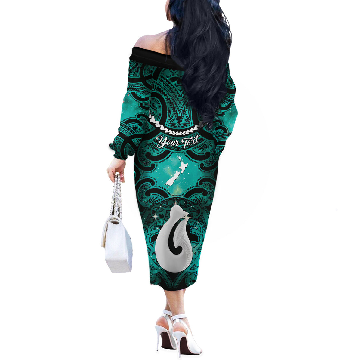 Personalised Maori Matariki Hei Matau Turquoise Off The Shoulder Long Sleeve Dress Maori Kowhaiwhai Pattern Galaxy LT01 - Polynesian Pride
