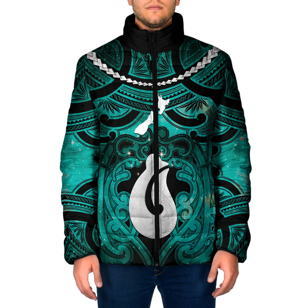 Personalised Maori Matariki Hei Matau Turquoise Padded Jacket Maori Kowhaiwhai Pattern Galaxy