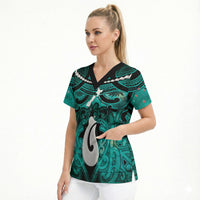 Personalised Maori Matariki Hei Matau Turquoise Scrub Top Maori Kowhaiwhai Pattern Galaxy