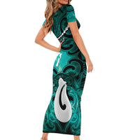 Personalised Maori Matariki Hei Matau Turquoise Short Sleeve Bodycon Dress Maori Kowhaiwhai Pattern Galaxy LT01 - Polynesian Pride