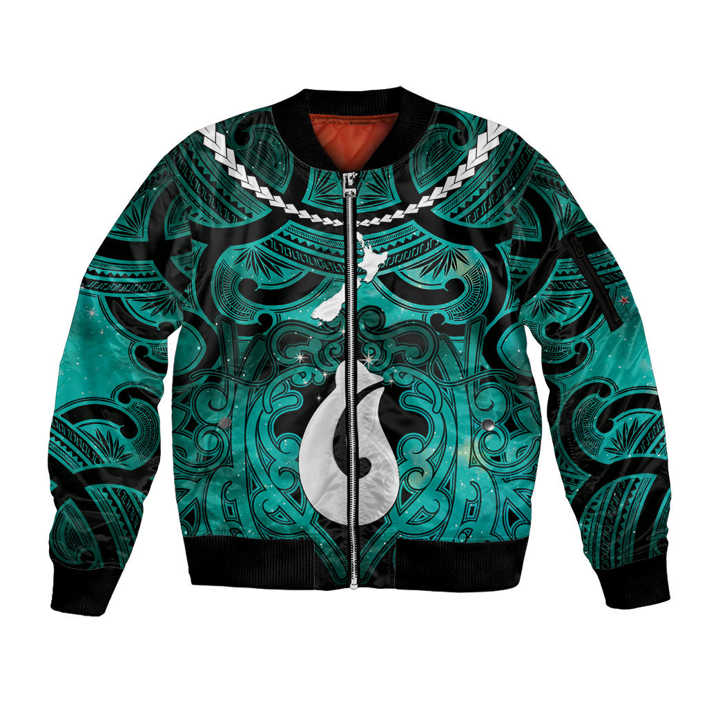 Personalised Maori Matariki Hei Matau Turquoise Sleeve Zip Bomber Jacket Maori Kowhaiwhai Pattern Galaxy LT01 Unisex Turquoise - Polynesian Pride