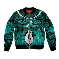 Personalised Maori Matariki Hei Matau Turquoise Sleeve Zip Bomber Jacket Maori Kowhaiwhai Pattern Galaxy LT01 Unisex Turquoise - Polynesian Pride