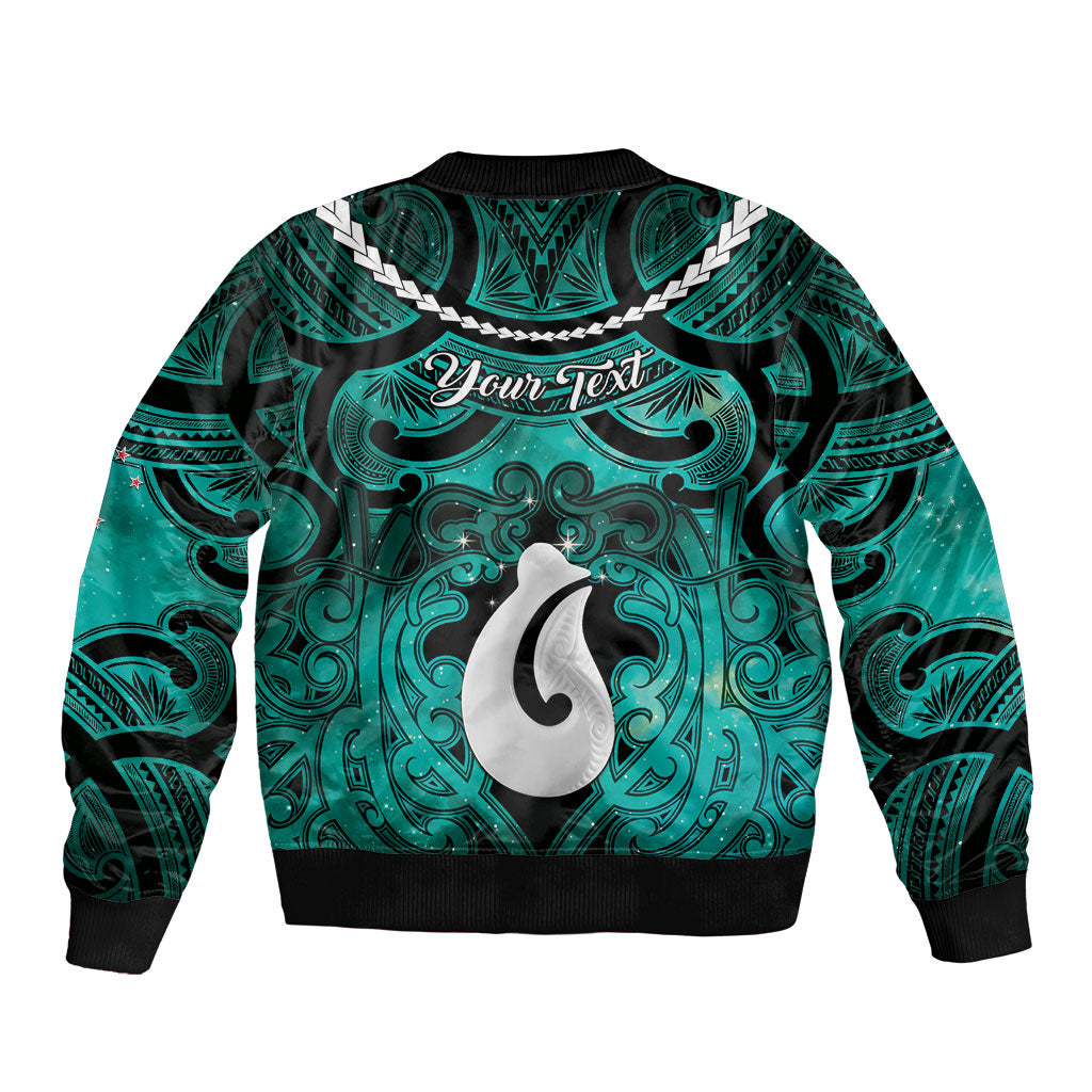 Personalised Maori Matariki Hei Matau Turquoise Sleeve Zip Bomber Jacket Maori Kowhaiwhai Pattern Galaxy LT01 - Polynesian Pride