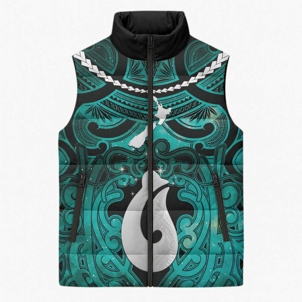Personalised Maori Matariki Hei Matau Turquoise Sleeveless Puffer Jacket Maori Kowhaiwhai Pattern Galaxy
