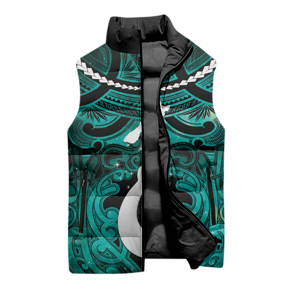 Personalised Maori Matariki Hei Matau Turquoise Sleeveless Puffer Jacket Maori Kowhaiwhai Pattern Galaxy
