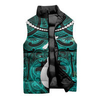 Personalised Maori Matariki Hei Matau Turquoise Sleeveless Puffer Jacket Maori Kowhaiwhai Pattern Galaxy