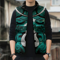 Personalised Maori Matariki Hei Matau Turquoise Sleeveless Puffer Jacket Maori Kowhaiwhai Pattern Galaxy