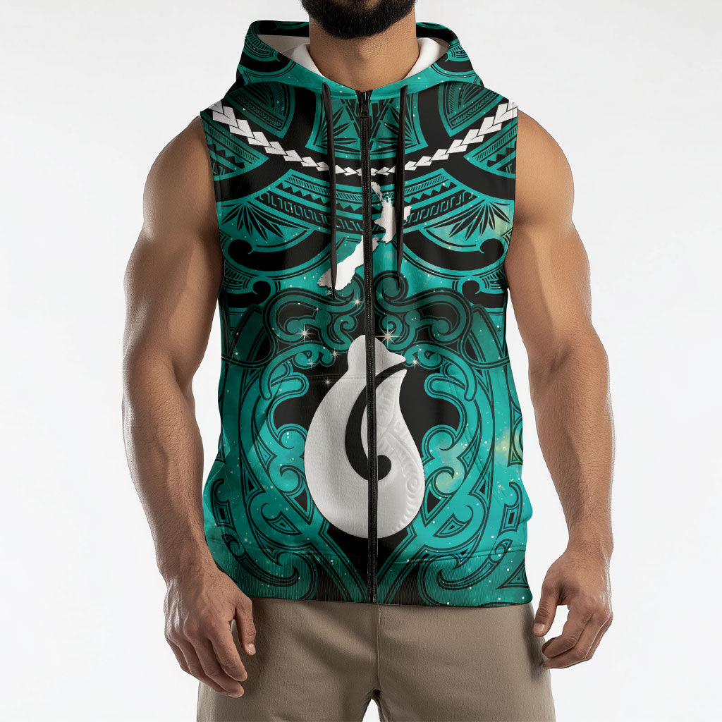 Personalised Maori Matariki Hei Matau Turquoise Sleeveless Zip Hoodie Maori Kowhaiwhai Pattern Galaxy LT01 - Polynesian Pride