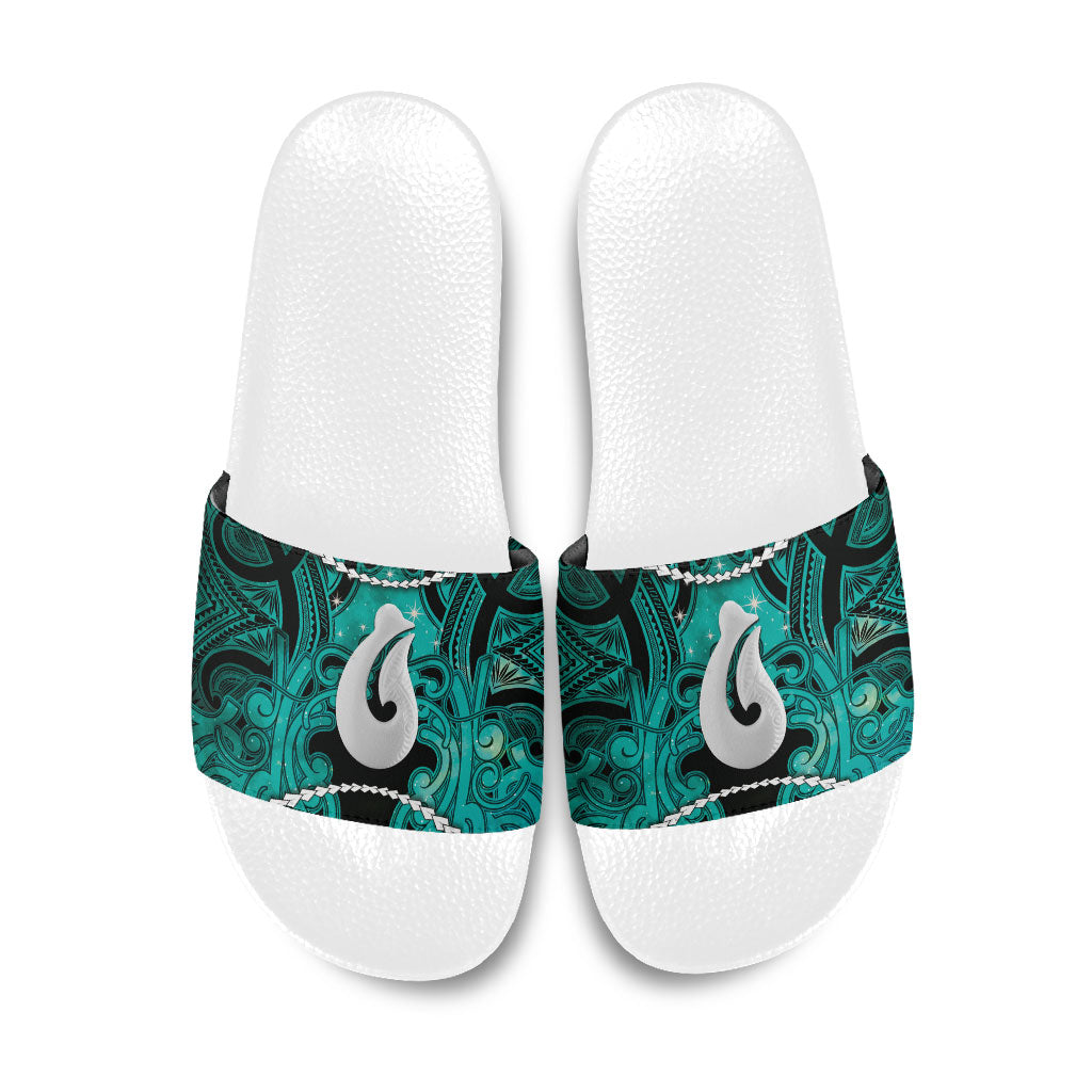 Maori Matariki Hei Matau Turquoise Slide Sandals Maori Kowhaiwhai Pattern Galaxy