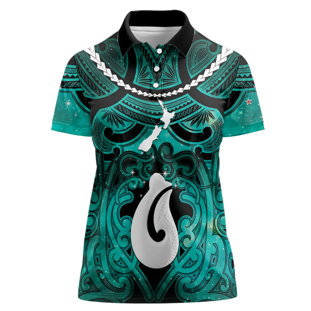 Personalised Maori Matariki Hei Matau Turquoise Women Polo Shirt Maori Kowhaiwhai Pattern Galaxy LT01 Female Turquoise - Polynesian Pride
