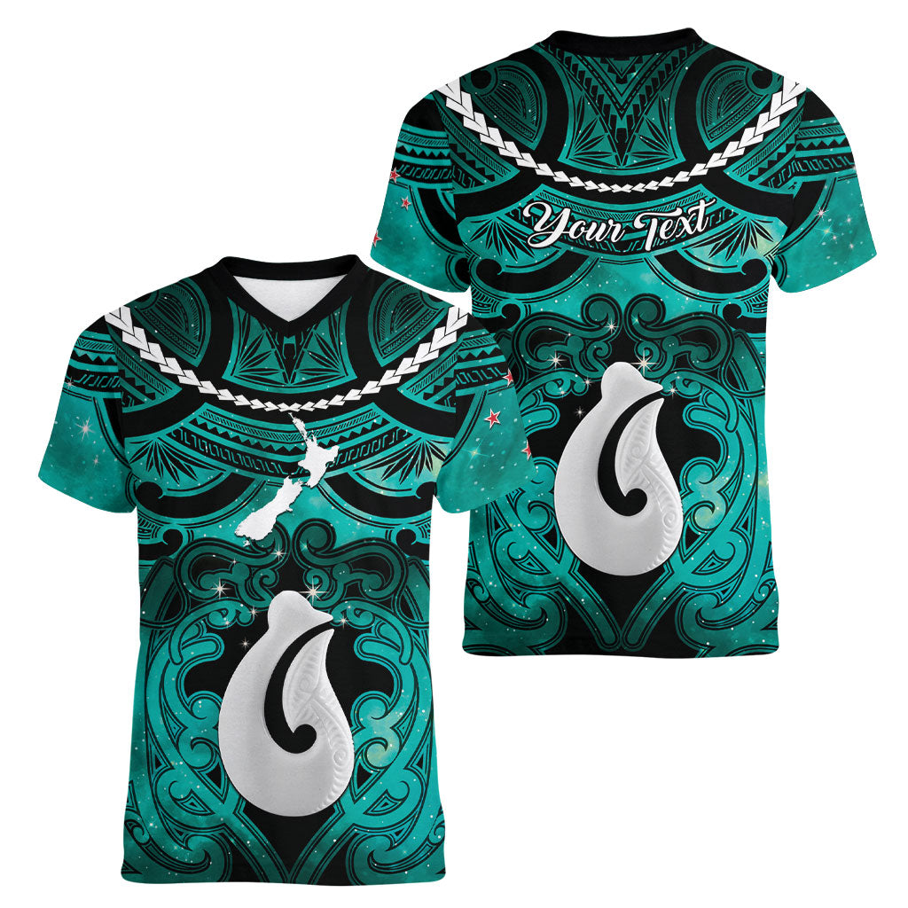 Personalised Maori Matariki Hei Matau Turquoise Women V-Neck T-Shirt Maori Kowhaiwhai Pattern Galaxy LT01 - Polynesian Pride