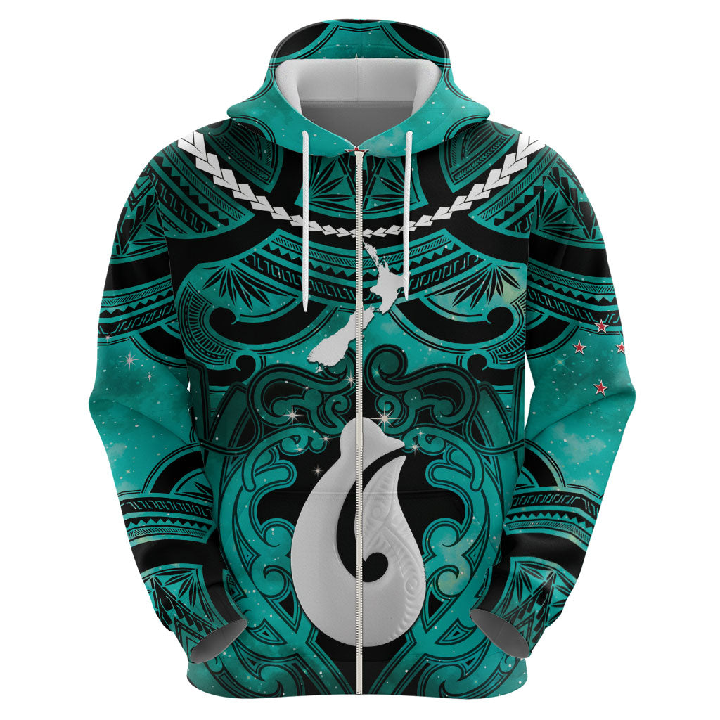 Personalised Maori Matariki Hei Matau Turquoise Zip Hoodie Maori Kowhaiwhai Pattern Galaxy