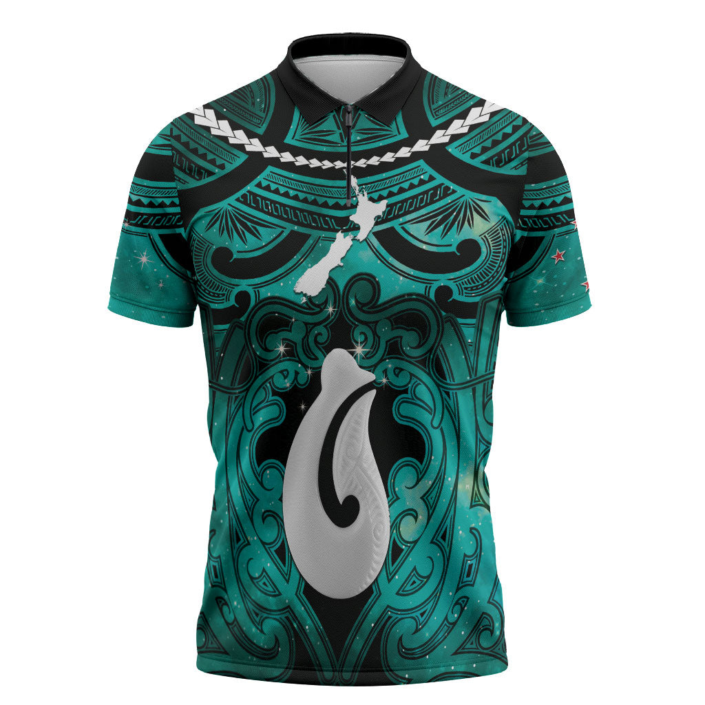 Personalised Maori Matariki Hei Matau Turquoise Zipper Polo Shirt Maori Kowhaiwhai Pattern Galaxy