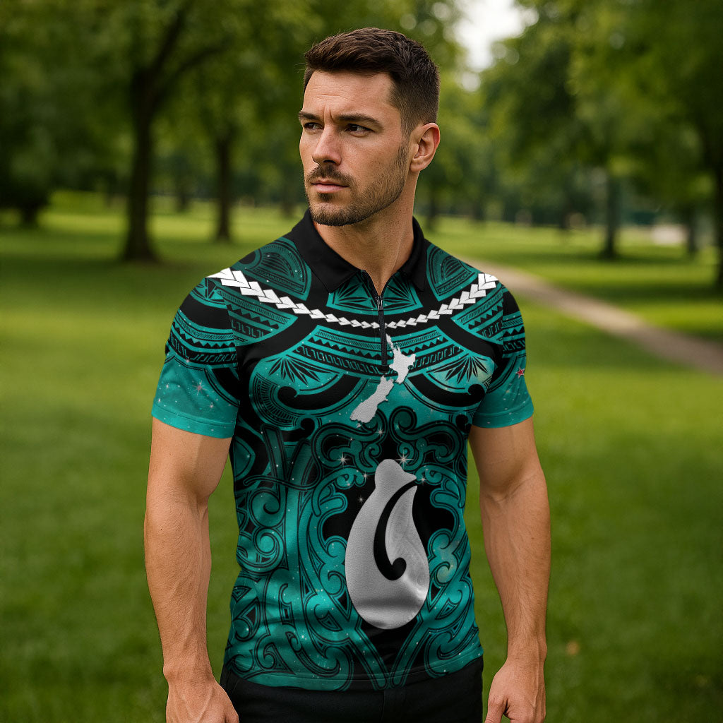 Personalised Maori Matariki Hei Matau Turquoise Zipper Polo Shirt Maori Kowhaiwhai Pattern Galaxy