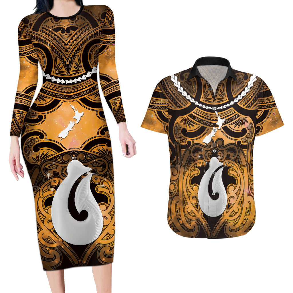 Personalised Maori Matariki Hei Matau Kowhai Couples Matching Long Sleeve Bodycon Dress and Hawaiian Shirt Maori Kowhaiwhai Pattern Galaxy