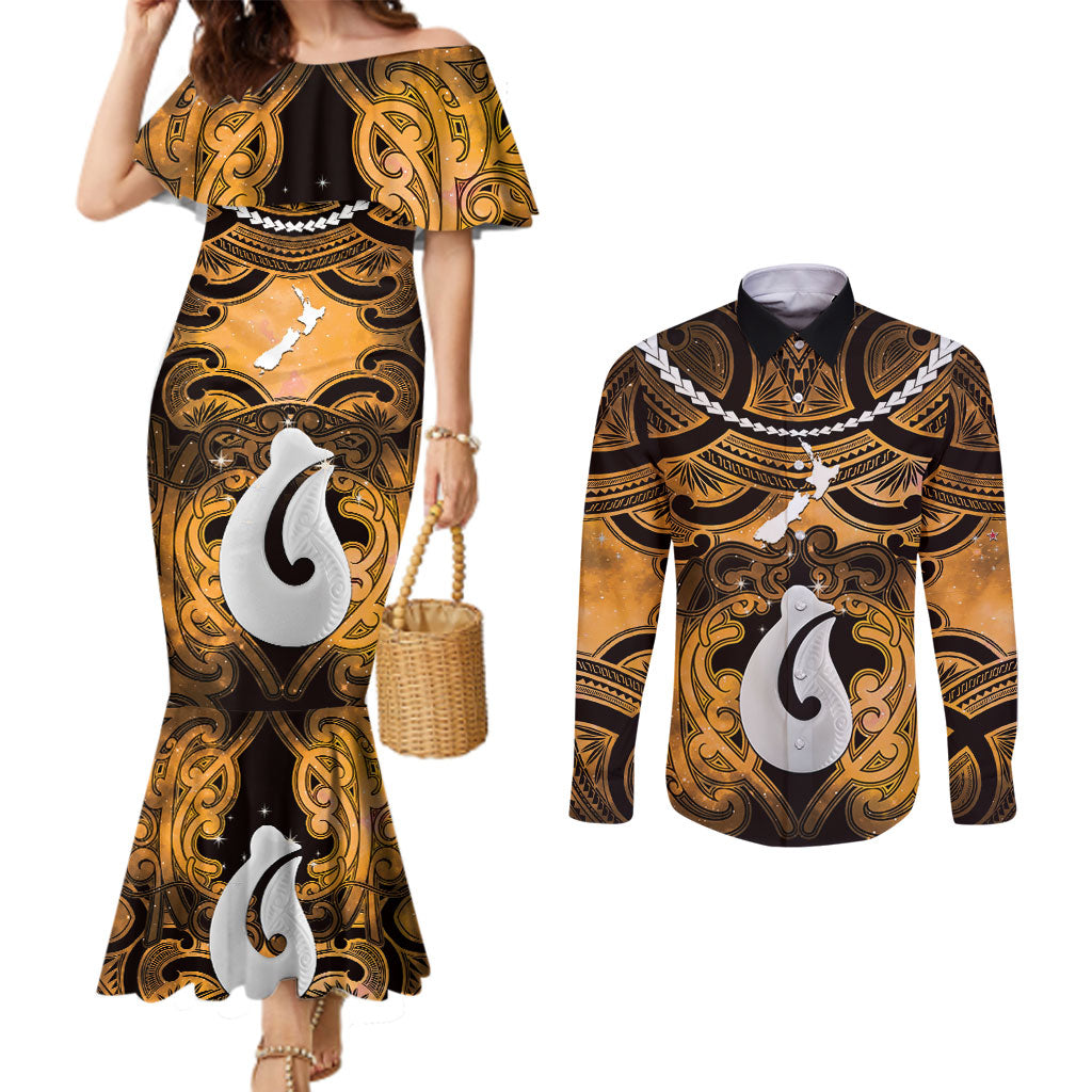 Personalised Maori Matariki Hei Matau Kowhai Couples Matching Mermaid Dress and Long Sleeve Button Shirt Maori Kowhaiwhai Pattern Galaxy LT01 Yellow - Polynesian Pride