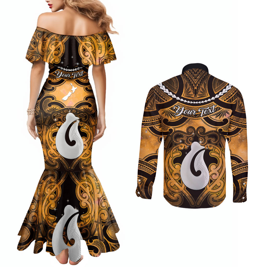 Personalised Maori Matariki Hei Matau Kowhai Couples Matching Mermaid Dress and Long Sleeve Button Shirt Maori Kowhaiwhai Pattern Galaxy LT01 - Polynesian Pride