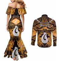 Personalised Maori Matariki Hei Matau Kowhai Couples Matching Mermaid Dress and Long Sleeve Button Shirt Maori Kowhaiwhai Pattern Galaxy LT01 - Polynesian Pride