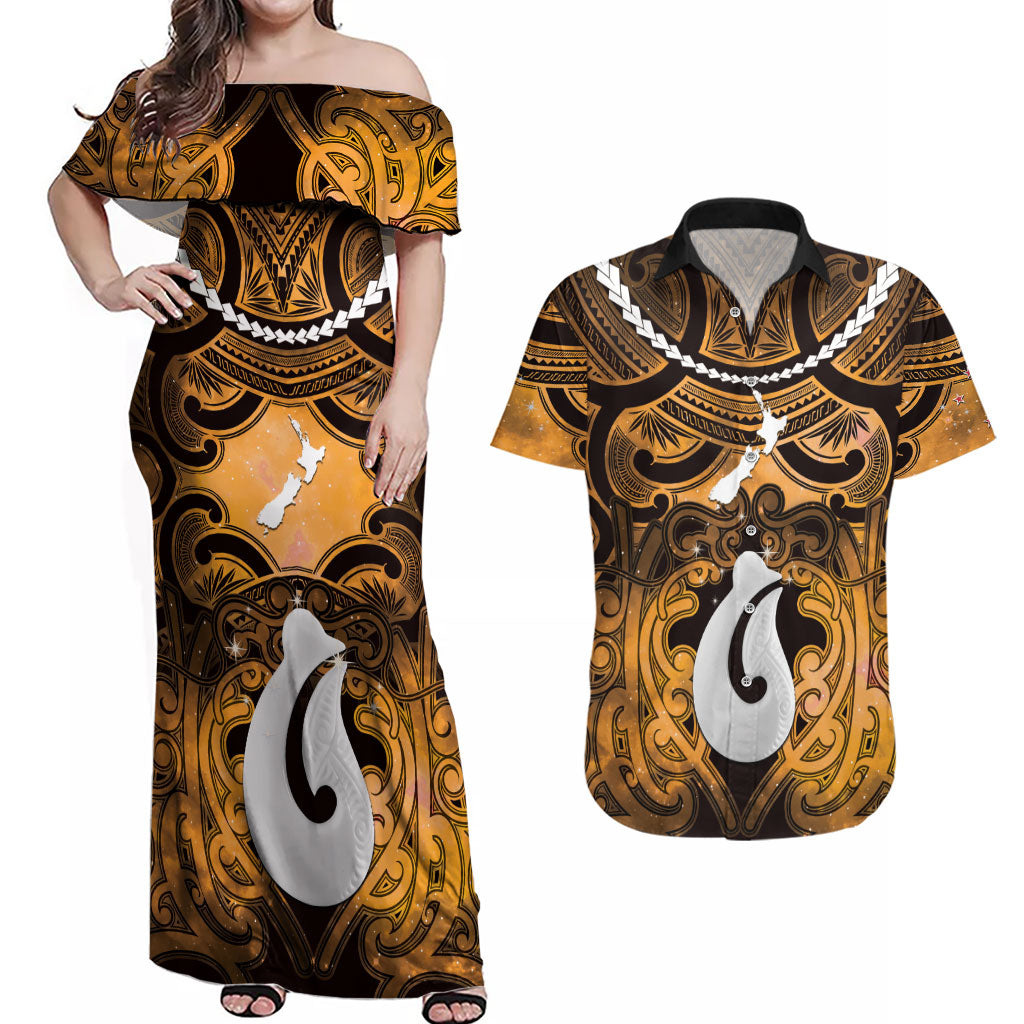 Personalised Maori Matariki Hei Matau Kowhai Couples Matching Off Shoulder Maxi Dress and Hawaiian Shirt Maori Kowhaiwhai Pattern Galaxy