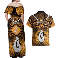 Personalised Maori Matariki Hei Matau Kowhai Couples Matching Off Shoulder Maxi Dress and Hawaiian Shirt Maori Kowhaiwhai Pattern Galaxy LT01 - Polynesian Pride