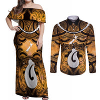Personalised Maori Matariki Hei Matau Kowhai Couples Matching Off Shoulder Maxi Dress and Long Sleeve Button Shirt Maori Kowhaiwhai Pattern Galaxy LT01 Yellow - Polynesian Pride