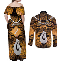 Personalised Maori Matariki Hei Matau Kowhai Couples Matching Off Shoulder Maxi Dress and Long Sleeve Button Shirt Maori Kowhaiwhai Pattern Galaxy LT01 - Polynesian Pride