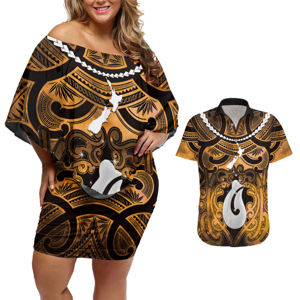 Personalised Maori Matariki Hei Matau Kowhai Couples Matching Off Shoulder Short Dress and Hawaiian Shirt Maori Kowhaiwhai Pattern Galaxy LT01 Yellow - Polynesian Pride