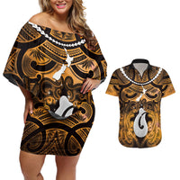 Personalised Maori Matariki Hei Matau Kowhai Couples Matching Off Shoulder Short Dress and Hawaiian Shirt Maori Kowhaiwhai Pattern Galaxy LT01 Yellow - Polynesian Pride