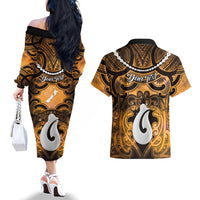 Personalised Maori Matariki Hei Matau Kowhai Couples Matching Off The Shoulder Long Sleeve Dress and Hawaiian Shirt Maori Kowhaiwhai Pattern Galaxy