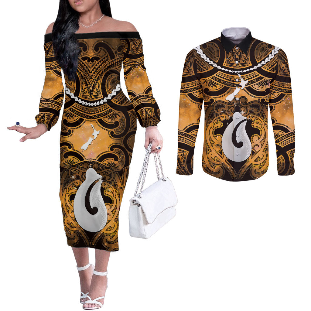 Personalised Maori Matariki Hei Matau Kowhai Couples Matching Off The Shoulder Long Sleeve Dress and Long Sleeve Button Shirt Maori Kowhaiwhai Pattern Galaxy