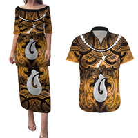 Personalised Maori Matariki Hei Matau Kowhai Couples Matching Puletasi and Hawaiian Shirt Maori Kowhaiwhai Pattern Galaxy LT01 Yellow - Polynesian Pride
