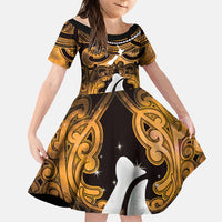 Personalised Maori Matariki Hei Matau Kowhai Family Matching Long Sleeve Bodycon Dress and Hawaiian Shirt Maori Kowhaiwhai Pattern Galaxy LT01 Daughter's Dress Yellow - Polynesian Pride