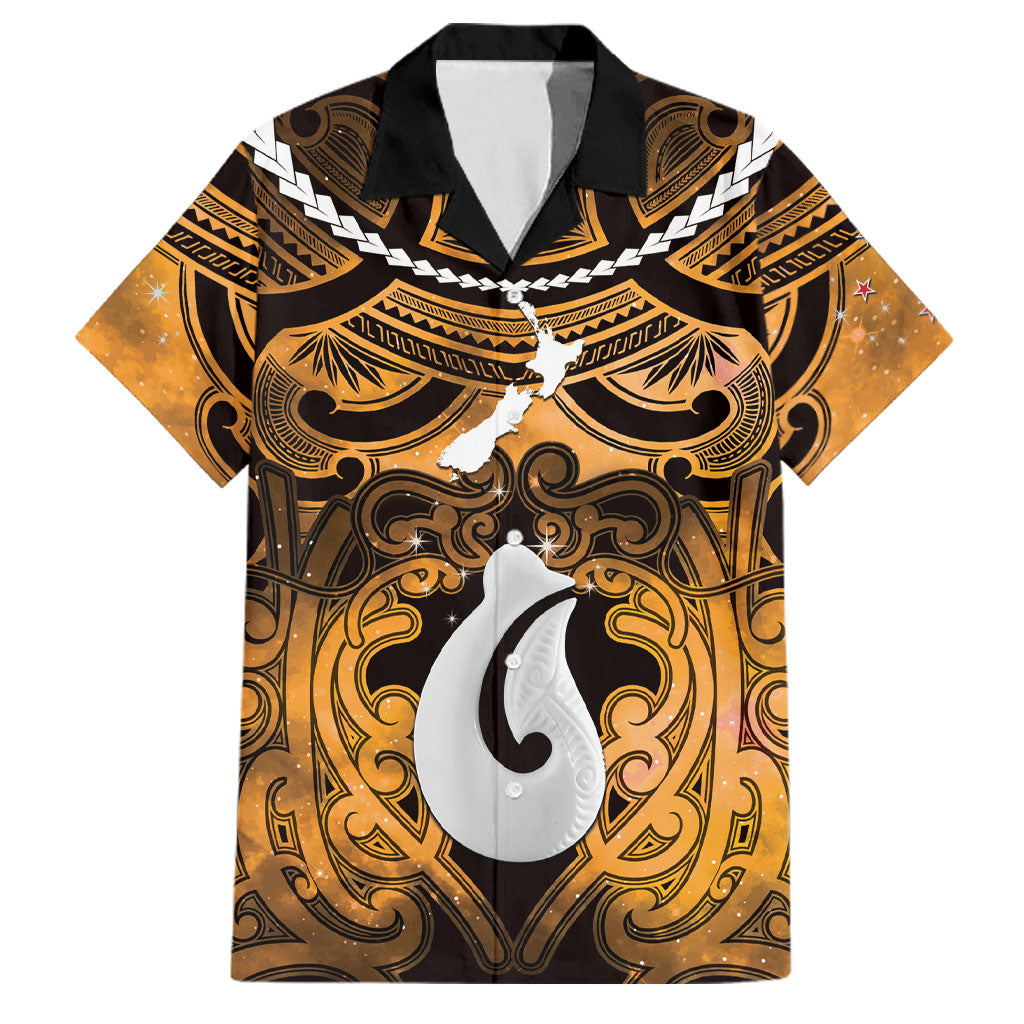 Personalised Maori Matariki Hei Matau Kowhai Family Matching Long Sleeve Bodycon Dress and Hawaiian Shirt Maori Kowhaiwhai Pattern Galaxy LT01 Dad's Shirt - Short Sleeve Yellow - Polynesian Pride