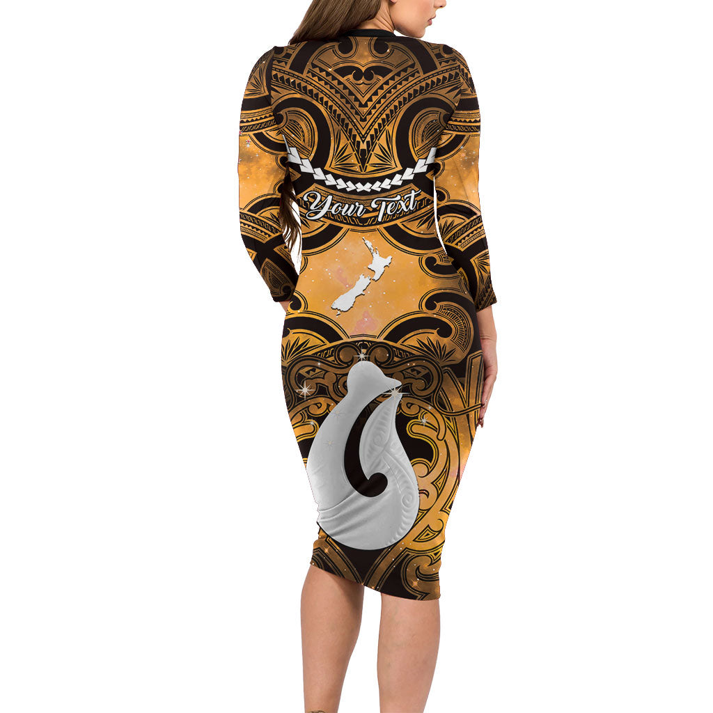 Personalised Maori Matariki Hei Matau Kowhai Family Matching Long Sleeve Bodycon Dress and Hawaiian Shirt Maori Kowhaiwhai Pattern Galaxy LT01 - Polynesian Pride