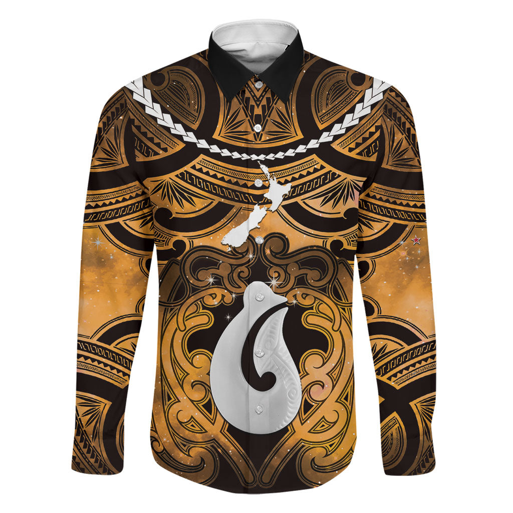 Personalised Maori Matariki Hei Matau Kowhai Family Matching Mermaid Dress and Hawaiian Shirt Maori Kowhaiwhai Pattern Galaxy LT01 Dad's Shirt - Long Sleeve Yellow - Polynesian Pride