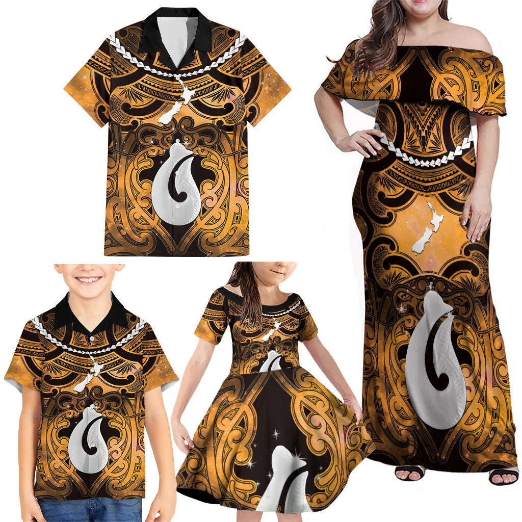 Personalised Maori Matariki Hei Matau Kowhai Family Matching Off Shoulder Maxi Dress and Hawaiian Shirt Maori Kowhaiwhai Pattern Galaxy