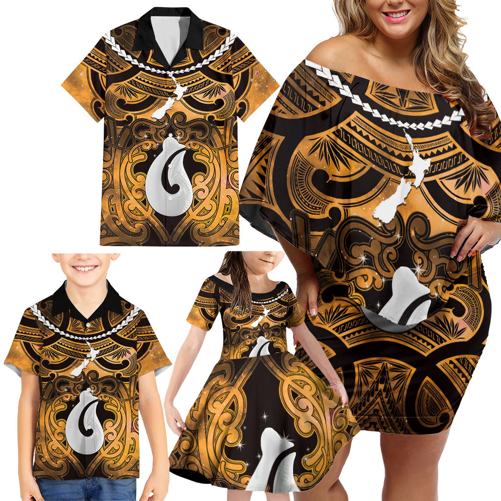 Personalised Maori Matariki Hei Matau Kowhai Family Matching Off Shoulder Short Dress and Hawaiian Shirt Maori Kowhaiwhai Pattern Galaxy LT01 - Polynesian Pride
