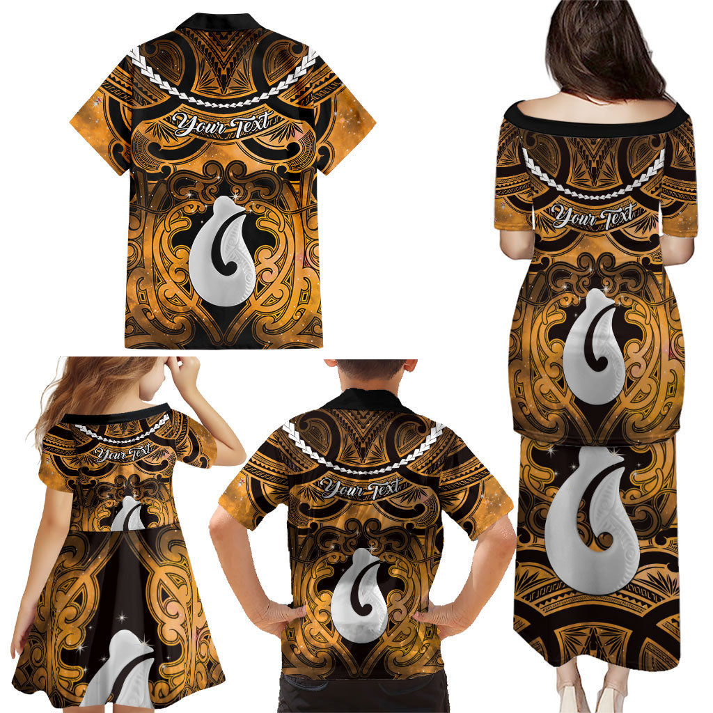 Personalised Maori Matariki Hei Matau Kowhai Family Matching Puletasi and Hawaiian Shirt Maori Kowhaiwhai Pattern Galaxy