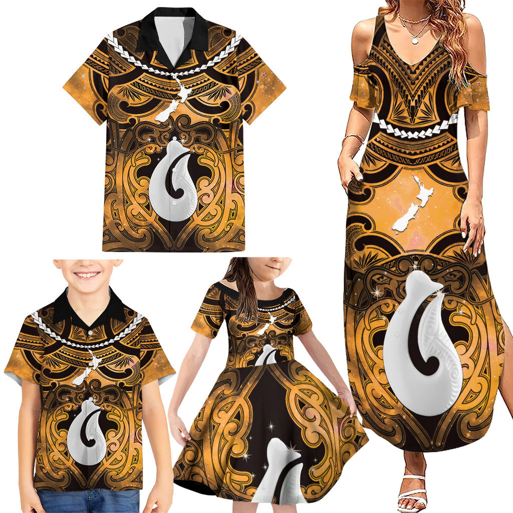 Personalised Maori Matariki Hei Matau Kowhai Family Matching Summer Maxi Dress and Hawaiian Shirt Maori Kowhaiwhai Pattern Galaxy LT01 - Polynesian Pride