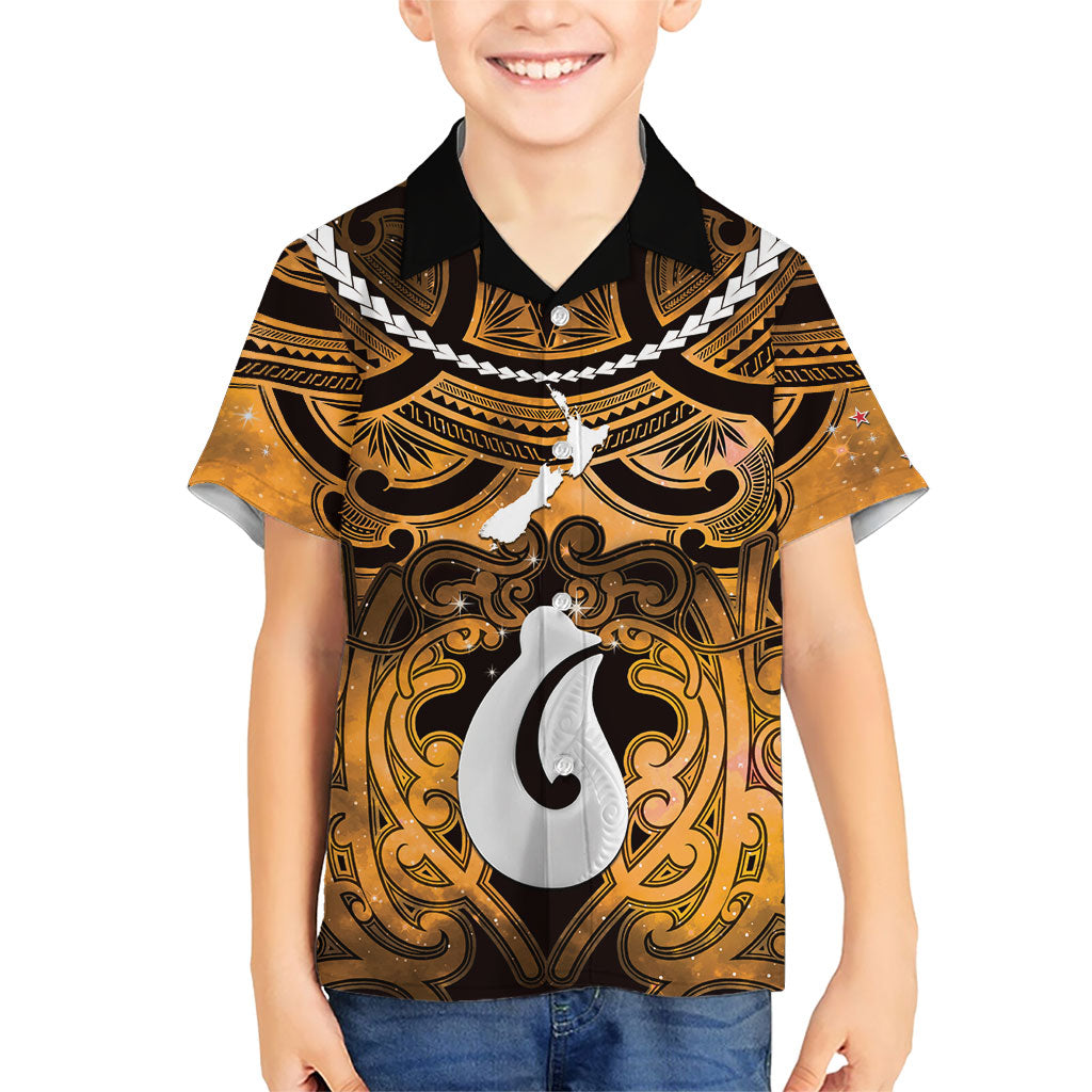 Personalised Maori Matariki Hei Matau Kowhai Family Matching Summer Maxi Dress and Hawaiian Shirt Maori Kowhaiwhai Pattern Galaxy LT01 Son's Shirt Yellow - Polynesian Pride