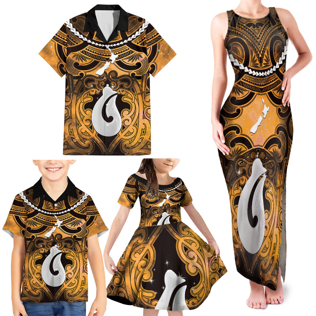 Personalised Maori Matariki Hei Matau Kowhai Family Matching Tank Maxi Dress and Hawaiian Shirt Maori Kowhaiwhai Pattern Galaxy