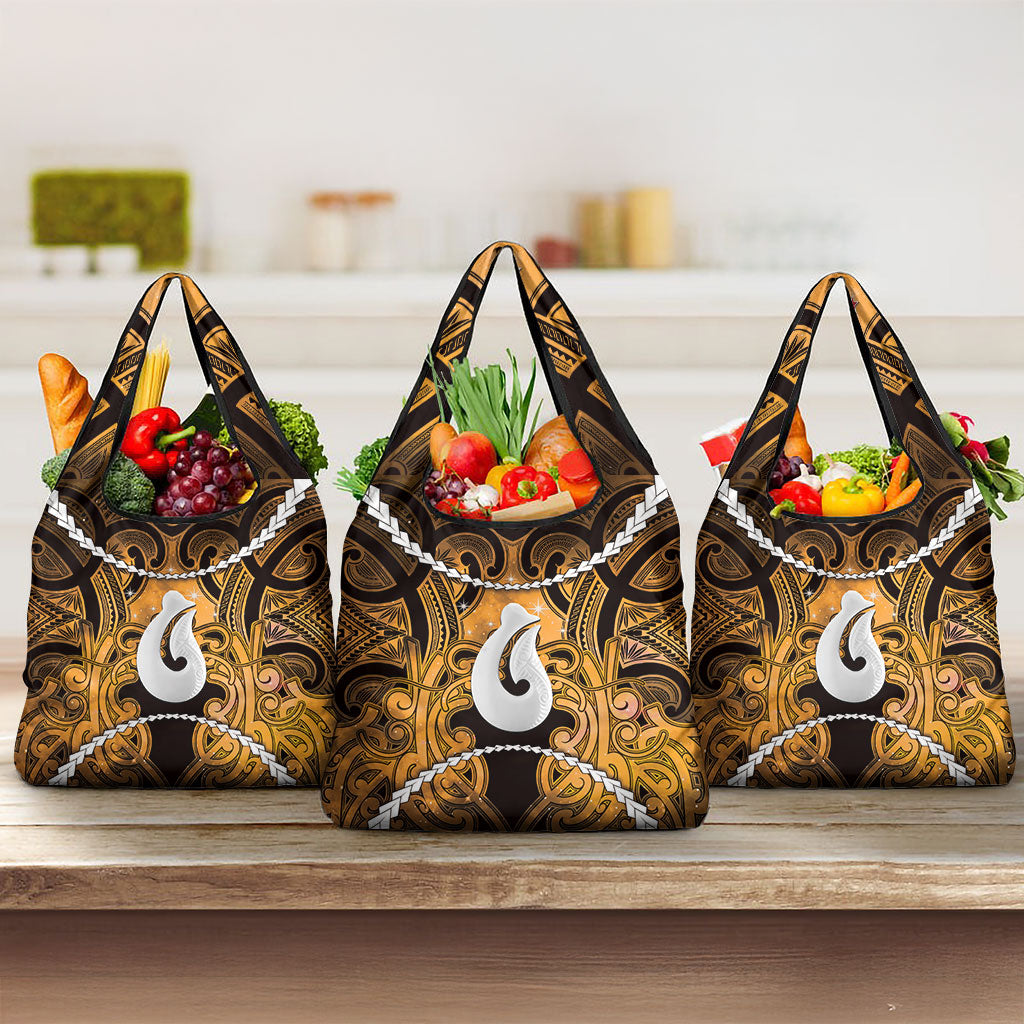 Maori Matariki Hei Matau Kowhai Grocery Bag Maori Kowhaiwhai Pattern Galaxy LT01 3-pack One Size Yellow - Polynesian Pride