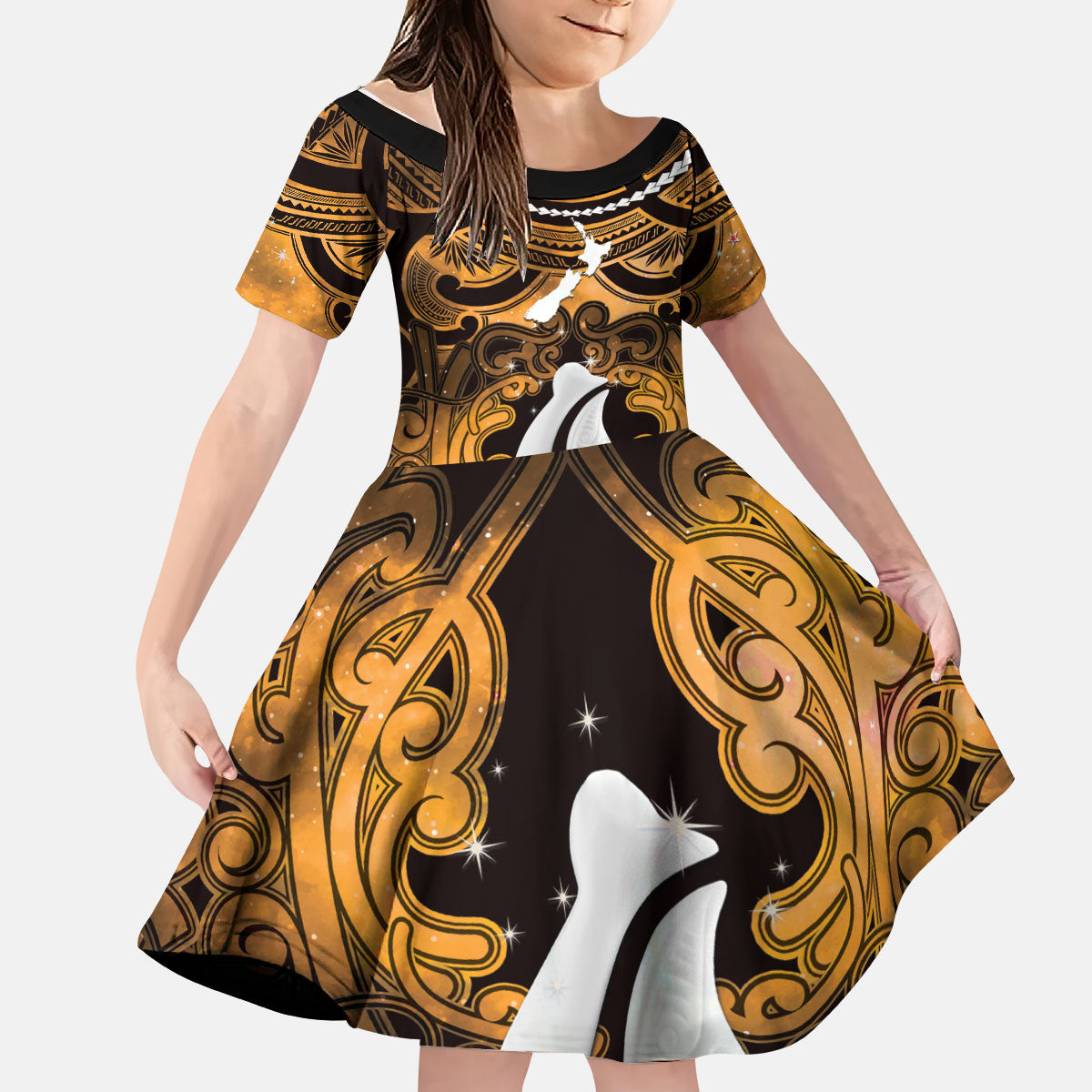 Personalised Maori Matariki Hei Matau Kowhai Kid Short Sleeve Dress Maori Kowhaiwhai Pattern Galaxy LT01 KID Yellow - Polynesian Pride
