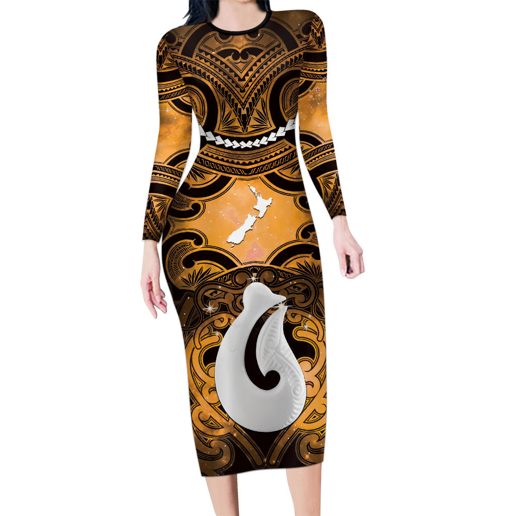 Personalised Maori Matariki Hei Matau Kowhai Long Sleeve Bodycon Dress Maori Kowhaiwhai Pattern Galaxy