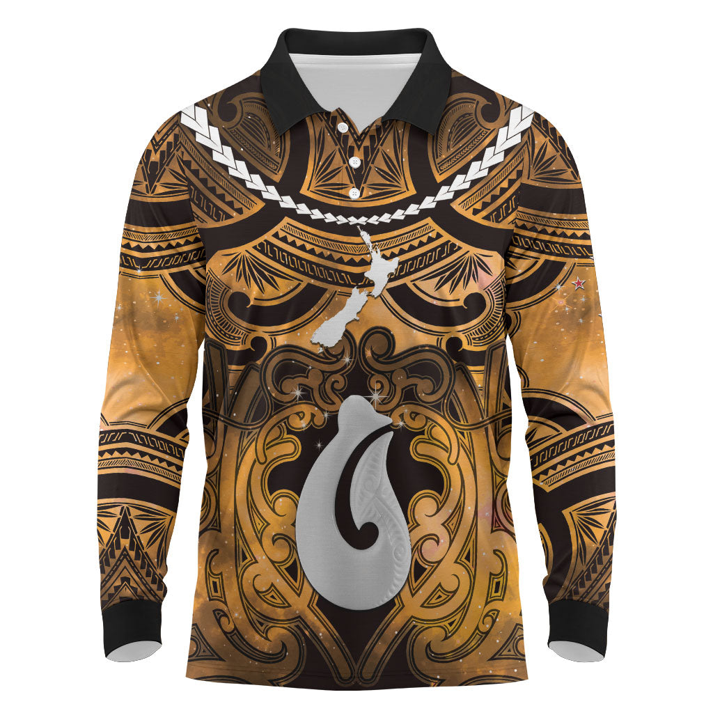 Personalised Maori Matariki Hei Matau Kowhai Long Sleeve Polo Shirt Maori Kowhaiwhai Pattern Galaxy LT01 Yellow - Polynesian Pride
